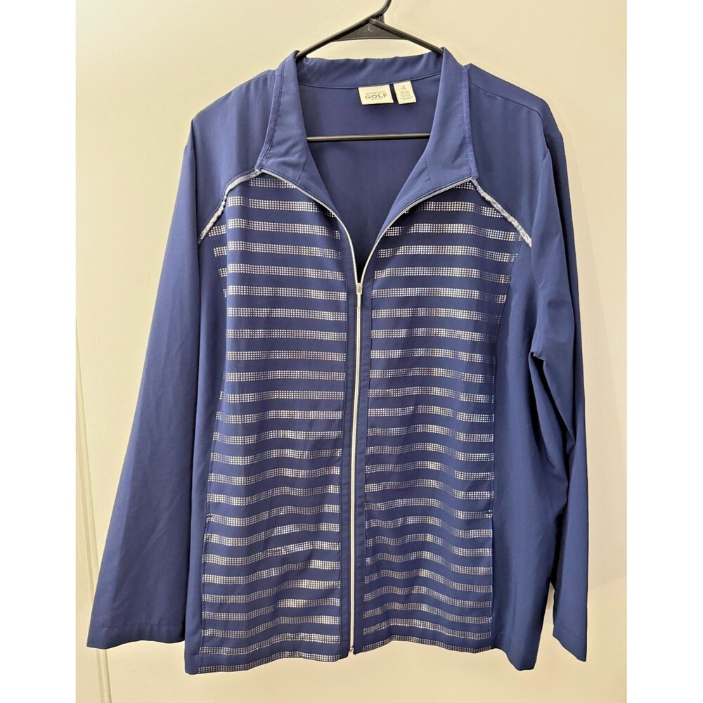 Chicos Golf Warmup Zip Jacket Women's XL Navy Silver Sporty Preppy Zenergy